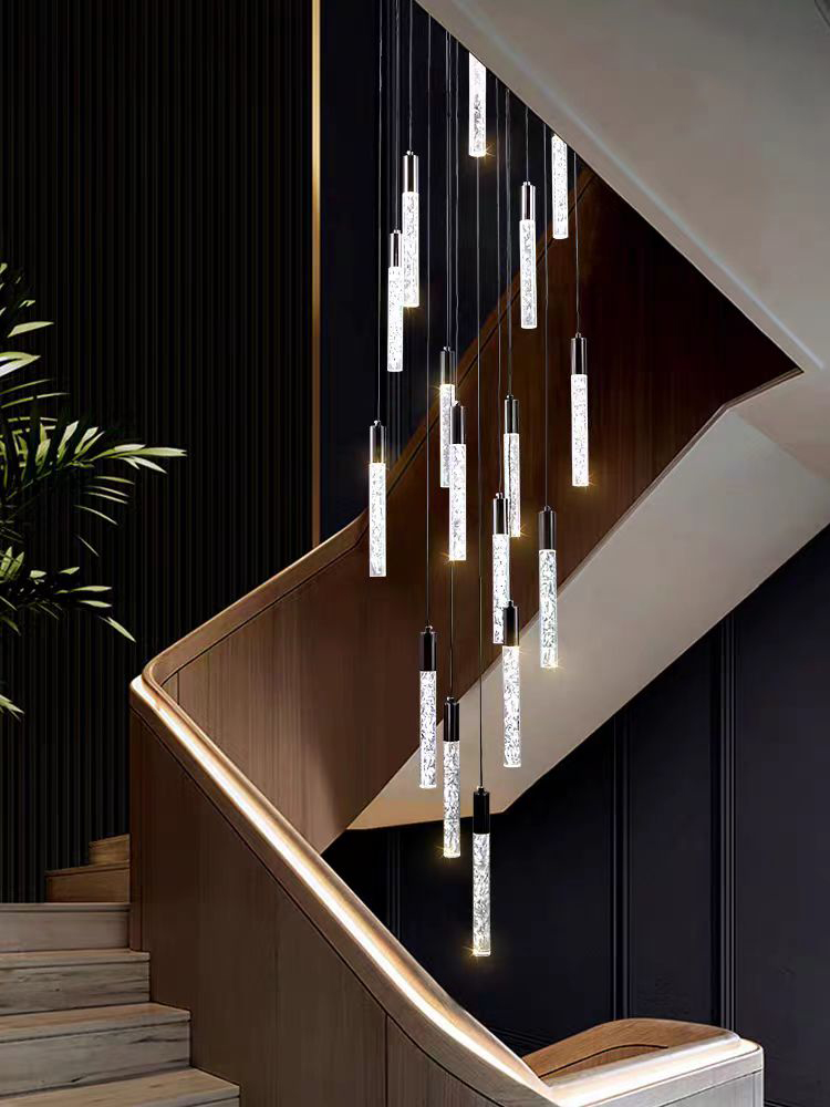 Customized Long Gold Modern Loft Duplex Led Ceiling Pendant Light Lobby Hanging Crystal Staircase Chandelier