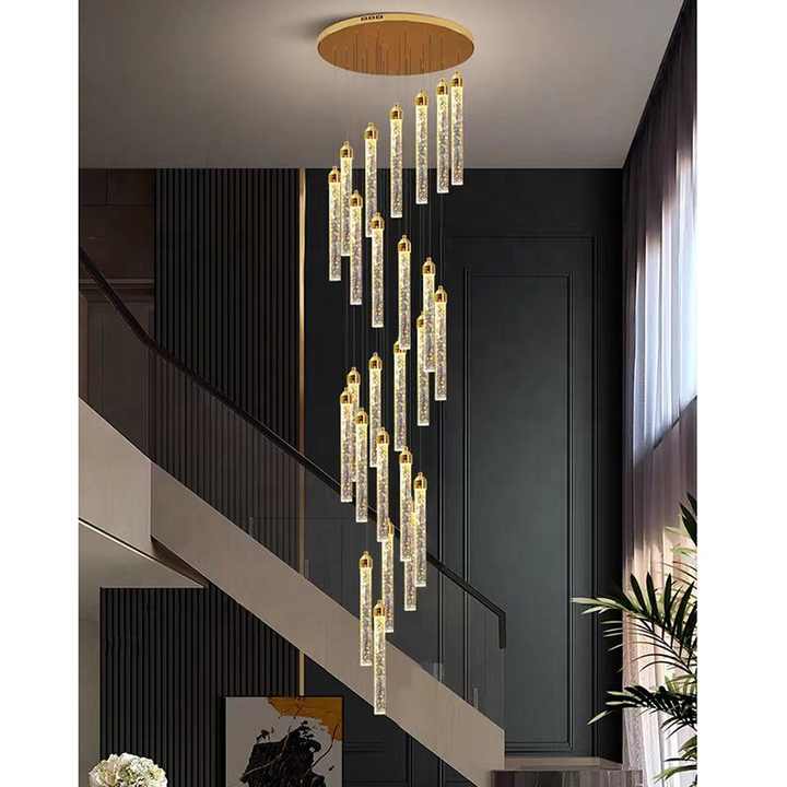 Customized Long Gold Modern Loft Duplex Led Ceiling Pendant Light Lobby Hanging Crystal Staircase Chandelier