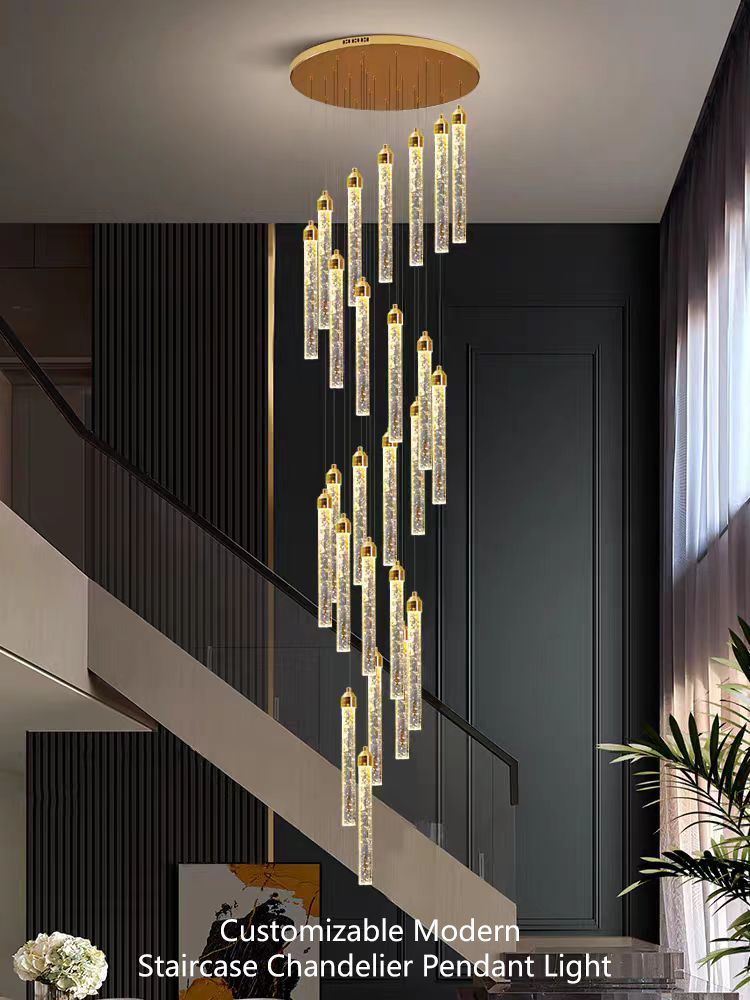 Customized Long Gold Modern Loft Duplex Led Ceiling Pendant Light Lobby Hanging Crystal Staircase Chandelier