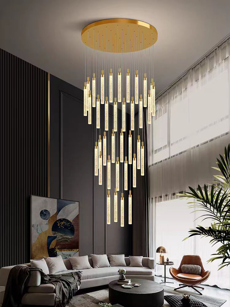 Customized Long Gold Modern Loft Duplex Led Ceiling Pendant Light Lobby Hanging Crystal Staircase Chandelier