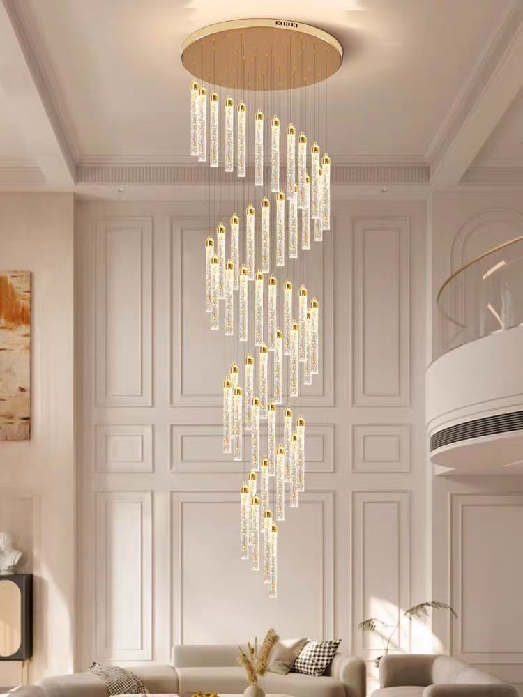 Customized Long Gold Modern Loft Duplex Led Ceiling Pendant Light Lobby Hanging Crystal Staircase Chandelier
