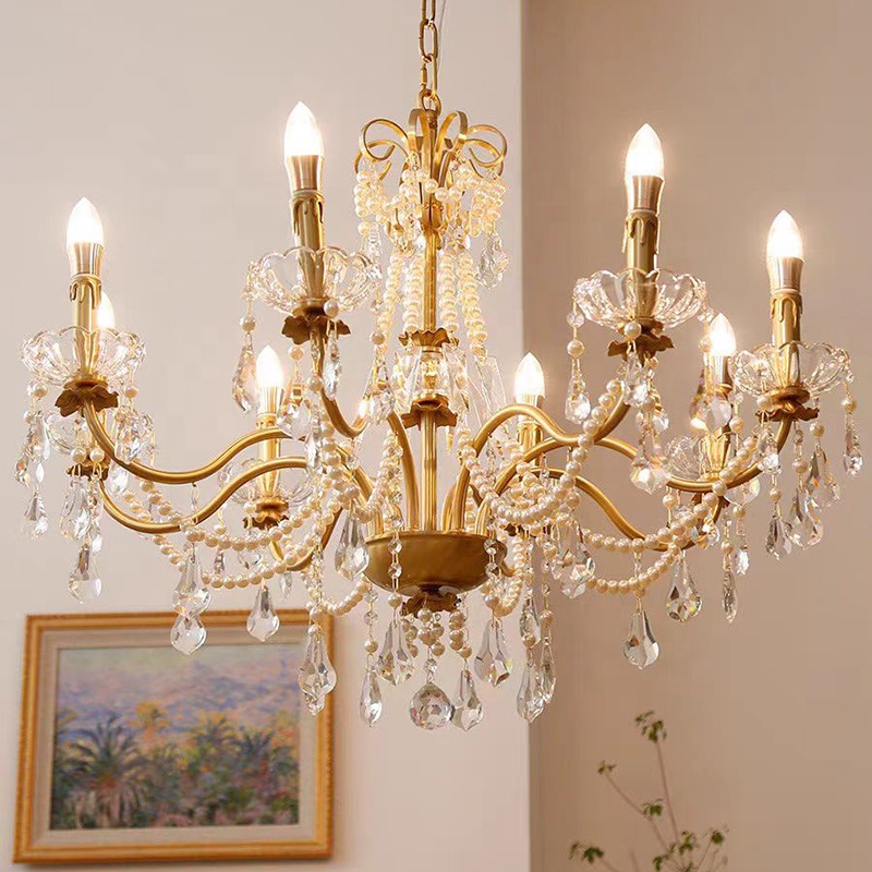 French Luxury American Classic Copper Vintage Crystal Chandelier for Restaurant Living Room Hotel Bedroom Hanging Pendant Lights