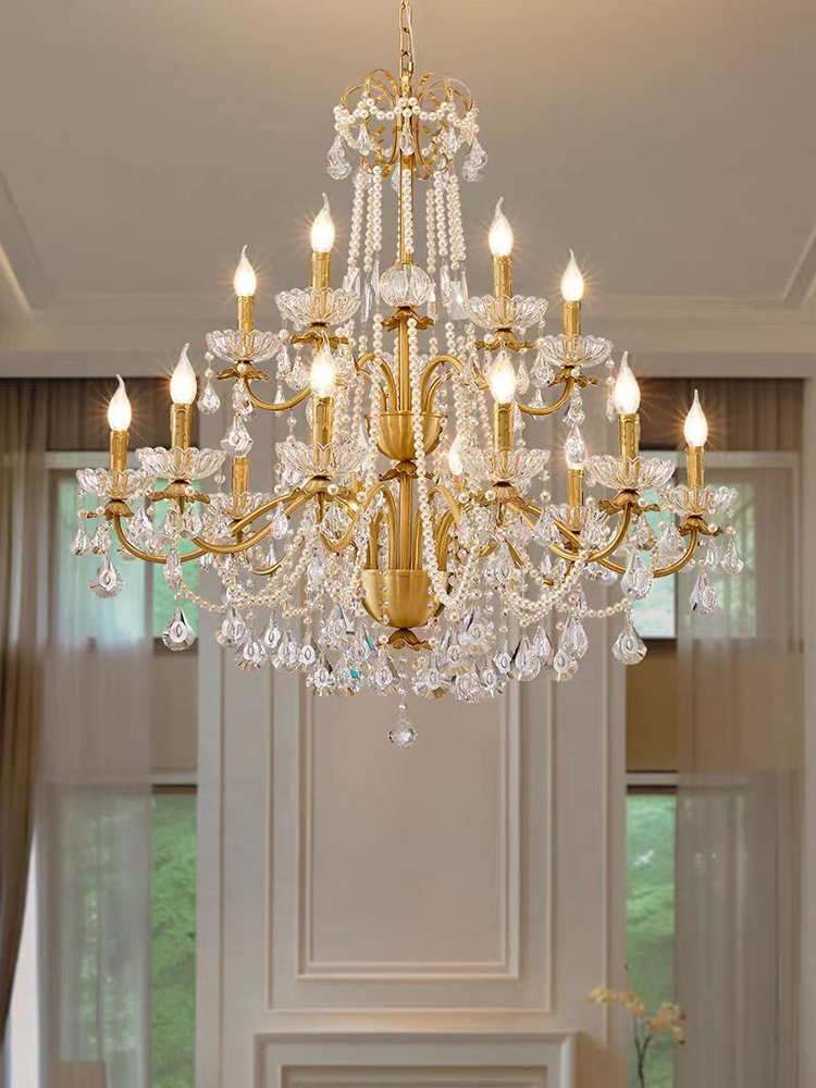 French Luxury American Classic Copper Vintage Crystal Chandelier for Restaurant Living Room Hotel Bedroom Hanging Pendant Lights