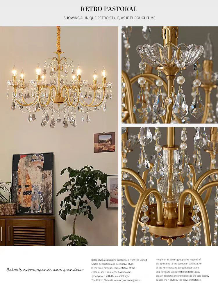 French Luxury American Classic Copper Vintage Crystal Chandelier for Restaurant Living Room Hotel Bedroom Hanging Pendant Lights
