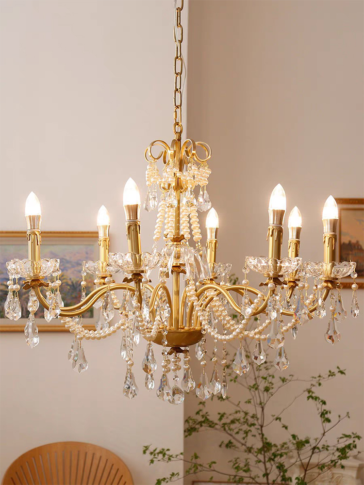 French Luxury American Classic Copper Vintage Crystal Chandelier for Restaurant Living Room Hotel Bedroom Hanging Pendant Lights
