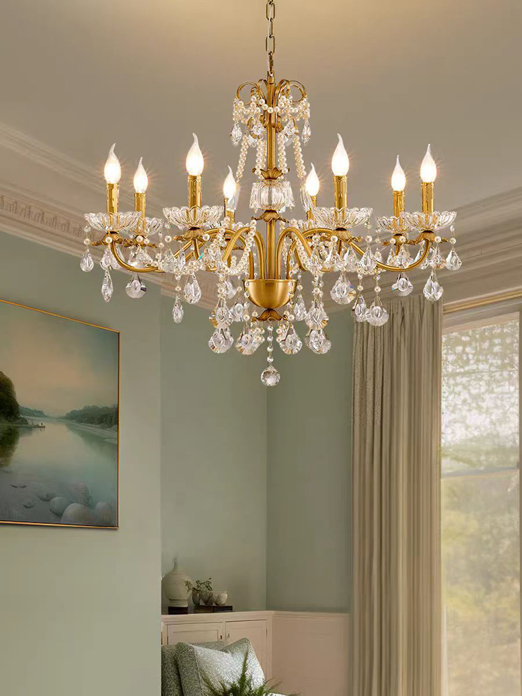 French Luxury American Classic Copper Vintage Crystal Chandelier for Restaurant Living Room Hotel Bedroom Hanging Pendant Lights