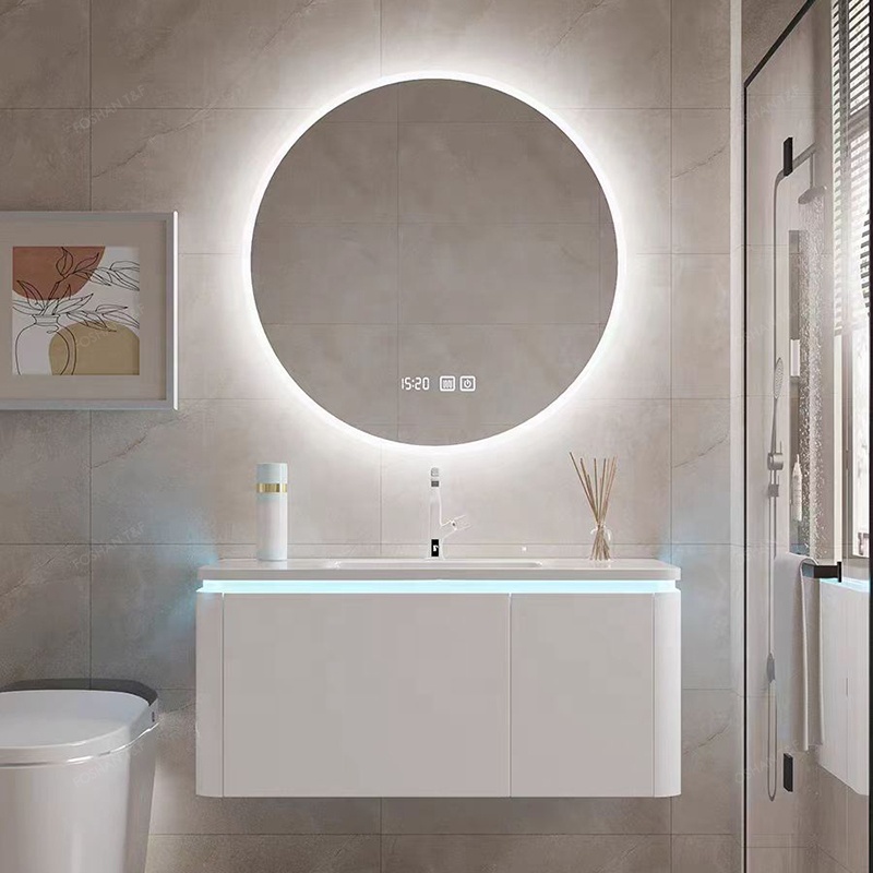 High Quality Modern Wall Hung Mounted Wooden Bathroom Cabinet Vanity Set With Smart LED Mirror and Basin