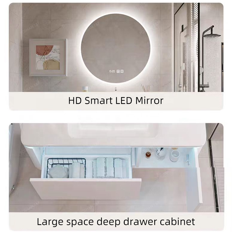 High Quality Modern Wall Hung Mounted Wooden Bathroom Cabinet Vanity Set With Smart LED Mirror and Basin