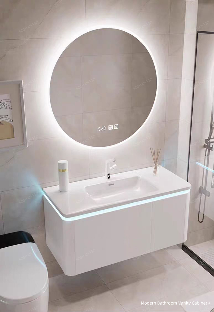 High Quality Modern Wall Hung Mounted Wooden Bathroom Cabinet Vanity Set With Smart LED Mirror and Basin