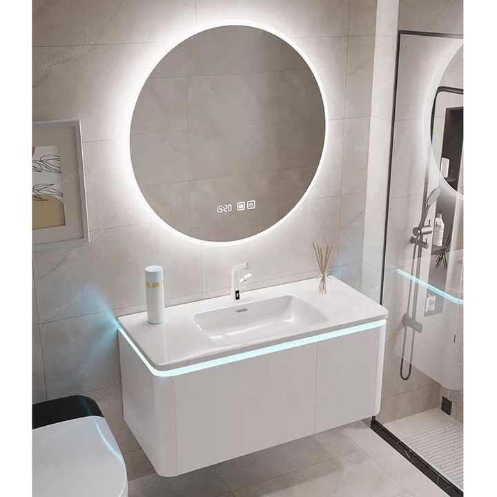 High Quality Modern Wall Hung Mounted Wooden Bathroom Cabinet Vanity Set With Smart LED Mirror and Basin