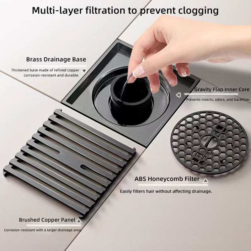 Modern Black Gray Bathroom Shower Accessories Brass 4 Inch Anti Odor SUS 201 304 Stainless Steel Floor Drain