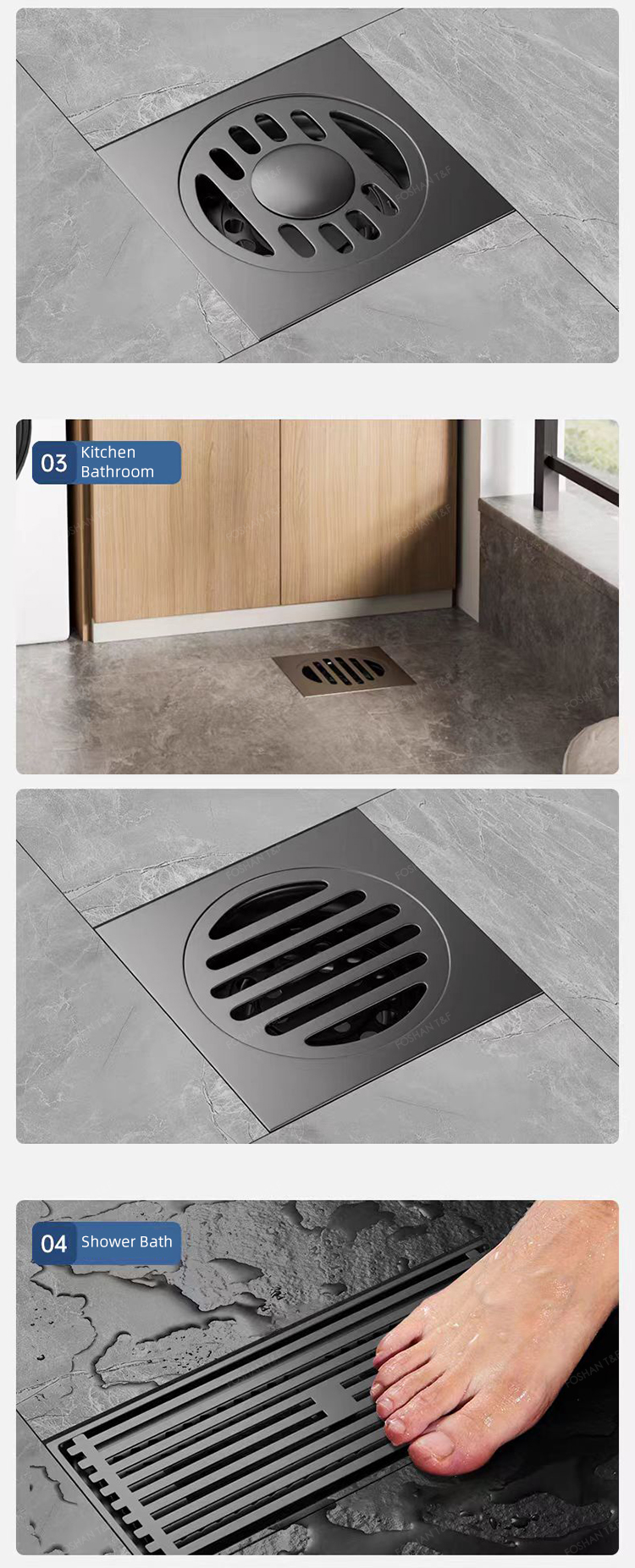 Modern Black Gray Bathroom Shower Accessories Brass 4 Inch Anti Odor SUS 201 304 Stainless Steel Floor Drain