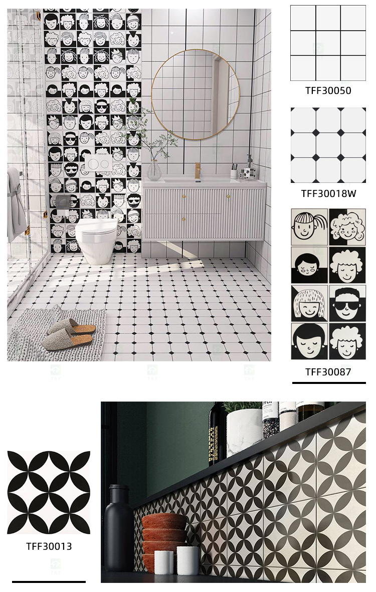 Factory Direct Black and White 300x300 Art Design Anti-slip Matte Kitchen Hotel Bathroom Toilet Balcony Wall Floor Tiles