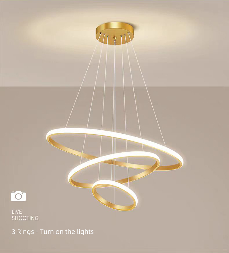 Home Decoration 3 Ring Gold Gold Nordic Luxury Led Iron Ceiling Hanging Pendant Lighting Fixture Chandeliers