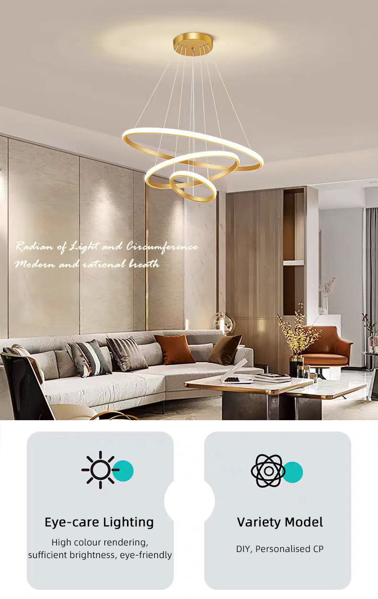 Home Decoration 3 Ring Gold Gold Nordic Luxury Led Iron Ceiling Hanging Pendant Lighting Fixture Chandeliers