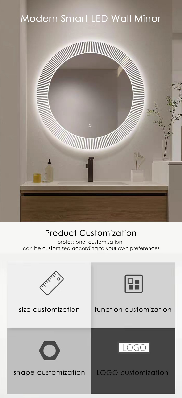 New Round Smart Touch Switch Screen Illuminated Led Wall Mounted Anti-Fog Bathroom Mirror with Light