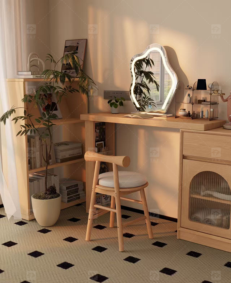 Modern Solid Wood LED-Lighted Vanity Dressing Table with Side Lights Mirror for Apartment Bathroom and Hotel Use