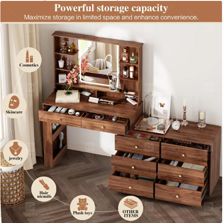 Modern Solid Wood LED-Lighted Vanity Dressing Table with Side Lights Mirror for Apartment Bathroom and Hotel Use