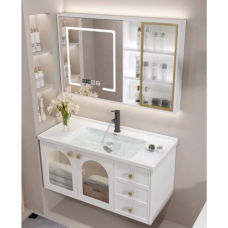 Modern French White Bathroom Vanity Combo with Integrated Ceramic Basin Sink and Smart Mirror Cabinet Vanity Con Luz Led