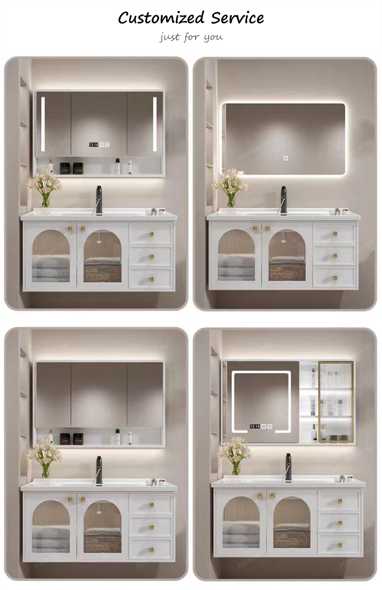 Modern French White Bathroom Vanity Combo with Integrated Ceramic Basin Sink and Smart Mirror Cabinet Vanity Con Luz Led