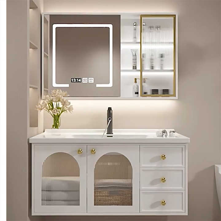 Modern French White Bathroom Vanity Combo with Integrated Ceramic Basin Sink and Smart Mirror Cabinet Vanity Con Luz Led