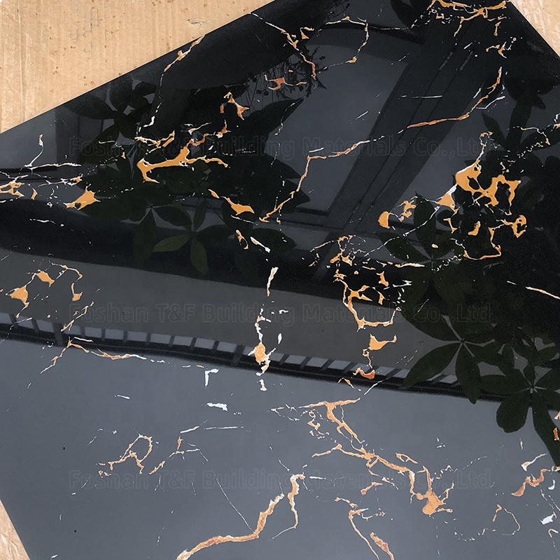 600x600 Glossy Black Gold Marble Tiles Carreaux Sol 60x60 Porcelain Polished Glazed Carrelage Black Floor Tile