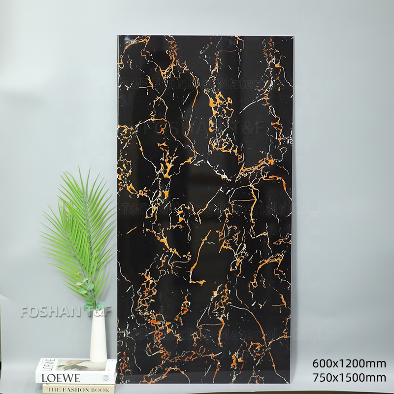 600x600 Glossy Black Gold Marble Tiles Carreaux Sol 60x60 Porcelain Polished Glazed Carrelage Black Floor Tile