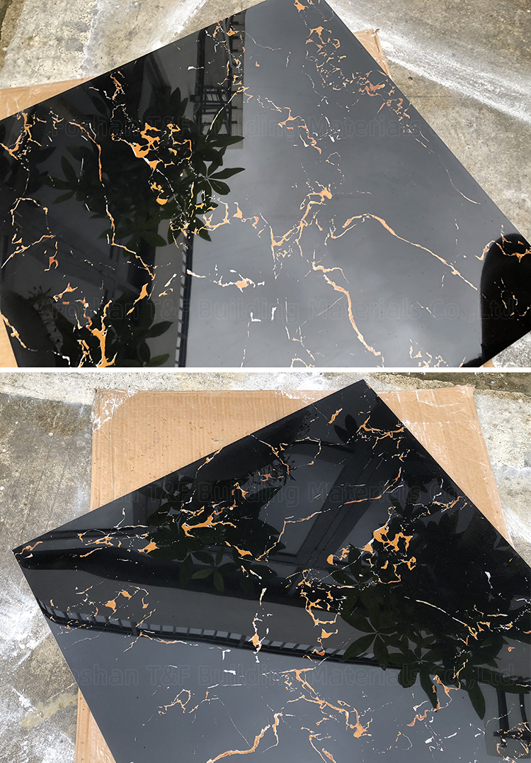 600x600 Glossy Black Gold Marble Tiles Carreaux Sol 60x60 Porcelain Polished Glazed Carrelage Black Floor Tile