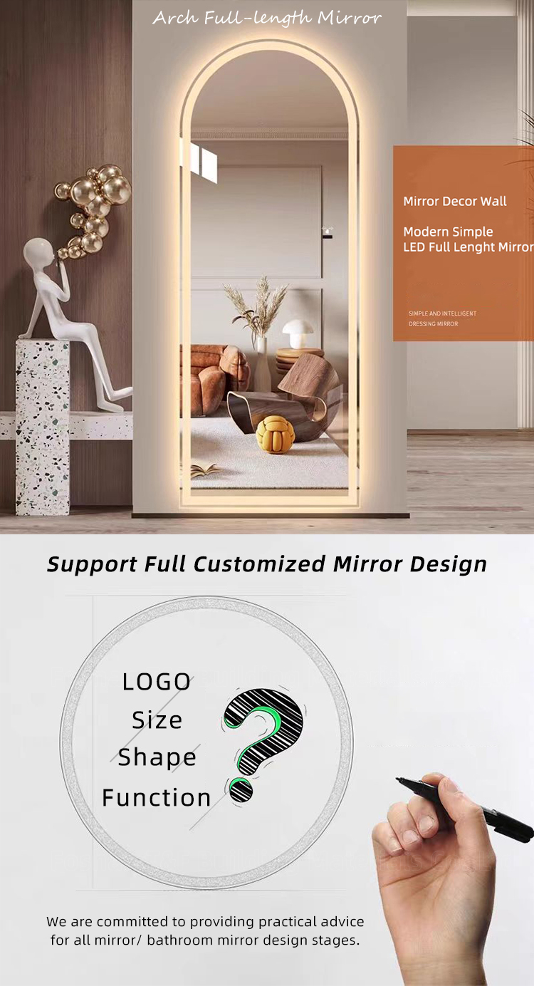 Custom Arch Mirror Full Length Frameless Barber Dressing Smart Miroir Led Full Body Wall Mirror With Led Light