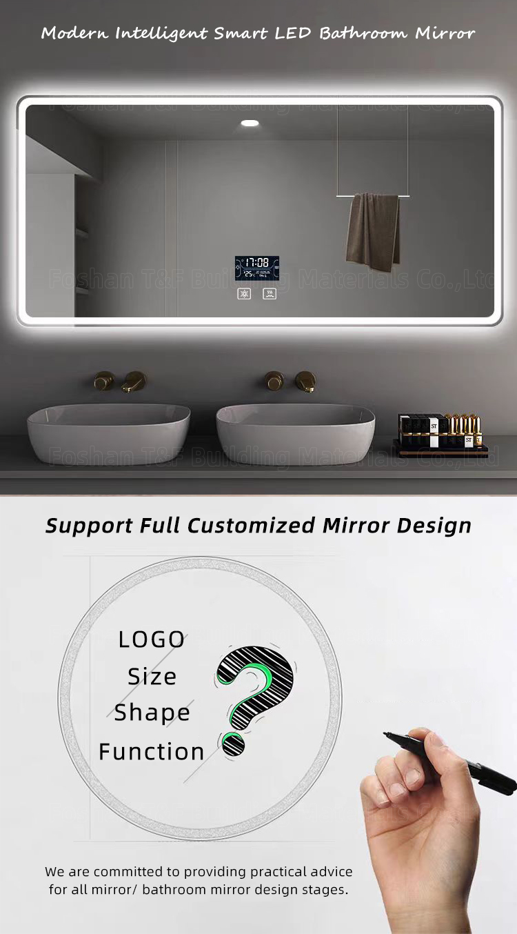 OEM Modern LED Smart Bathroom Mirrors Defogging Rectangle Intelligent Touch Dimming Backlit Miroir Frameless Bath Mirror