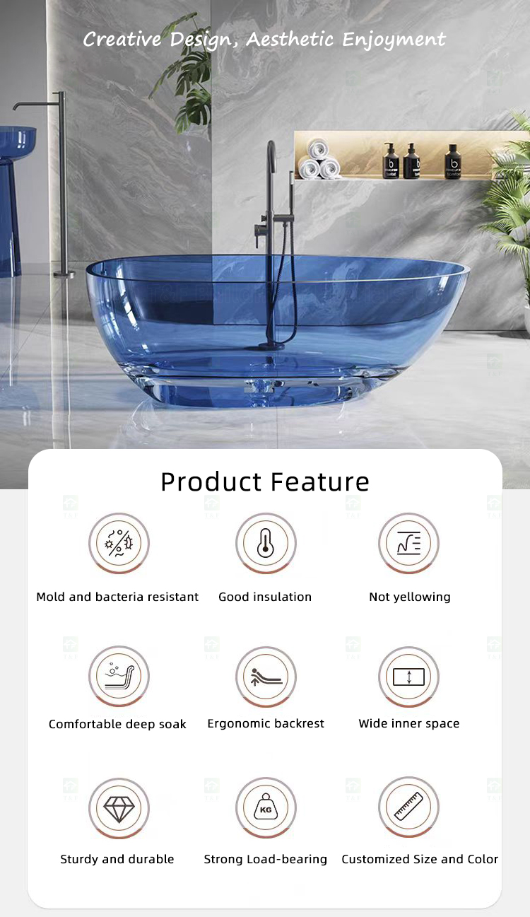 Indoor Modern Bath Tub Clear Acrylic Transparent Composite Resin Translucent Freestanding Bathroom Bathtubs for Adult