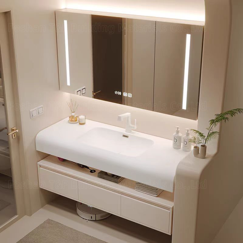 New Creamy Style Skin-feel Artificial Stone Integrated Wash Basin Cabinet Wall Floating Bathroom Vanity Set With Smart Mirror