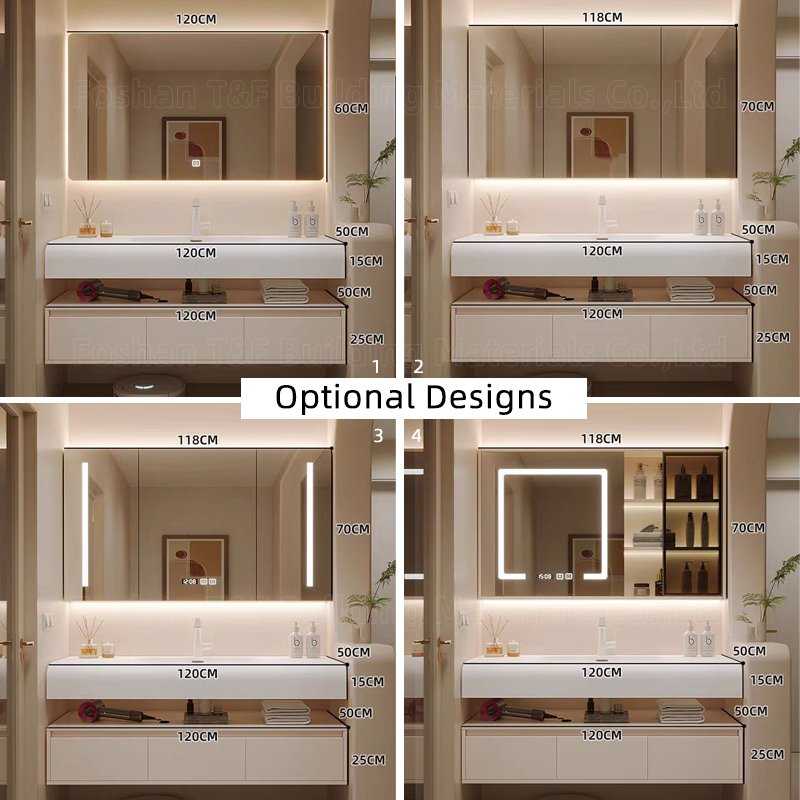 New Creamy Style Skin-feel Artificial Stone Integrated Wash Basin Cabinet Wall Floating Bathroom Vanity Set With Smart Mirror