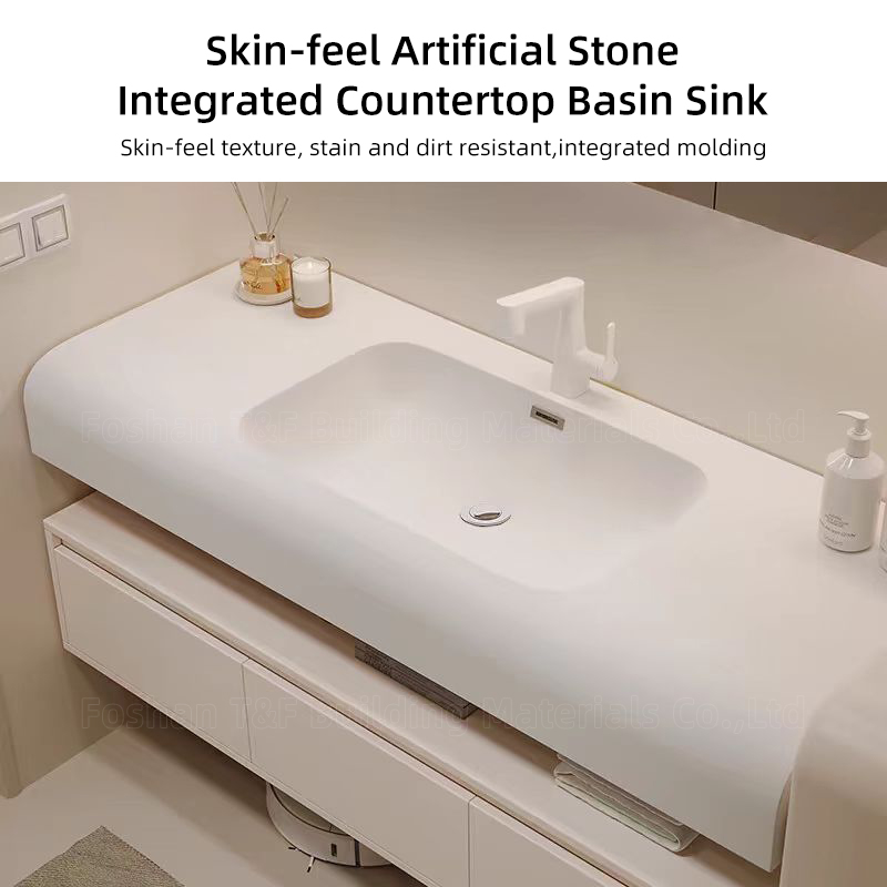 New Creamy Style Skin-feel Artificial Stone Integrated Wash Basin Cabinet Wall Floating Bathroom Vanity Set With Smart Mirror