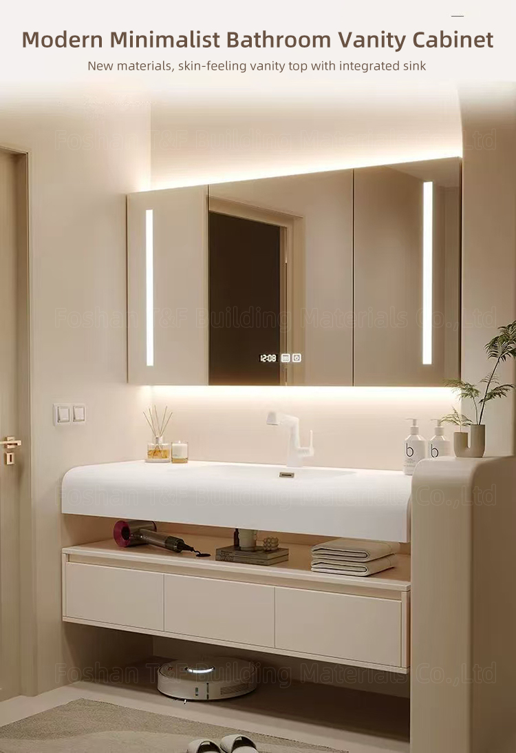 New Creamy Style Skin-feel Artificial Stone Integrated Wash Basin Cabinet Wall Floating Bathroom Vanity Set With Smart Mirror