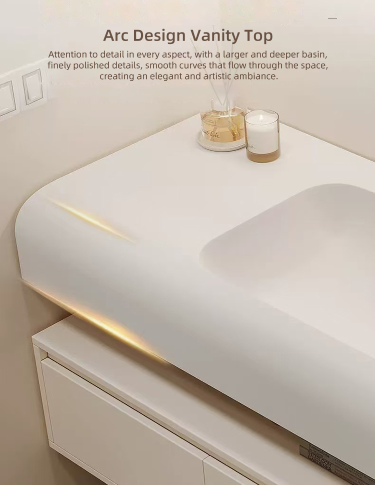 New Creamy Style Skin-feel Artificial Stone Integrated Wash Basin Cabinet Wall Floating Bathroom Vanity Set With Smart Mirror