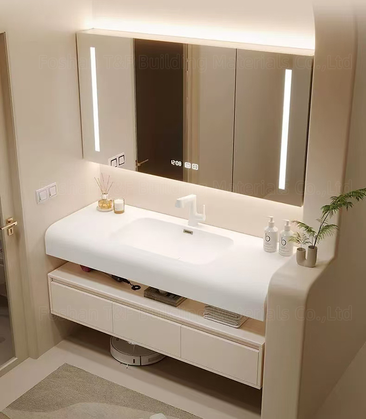 New Creamy Style Skin-feel Artificial Stone Integrated Wash Basin Cabinet Wall Floating Bathroom Vanity Set With Smart Mirror