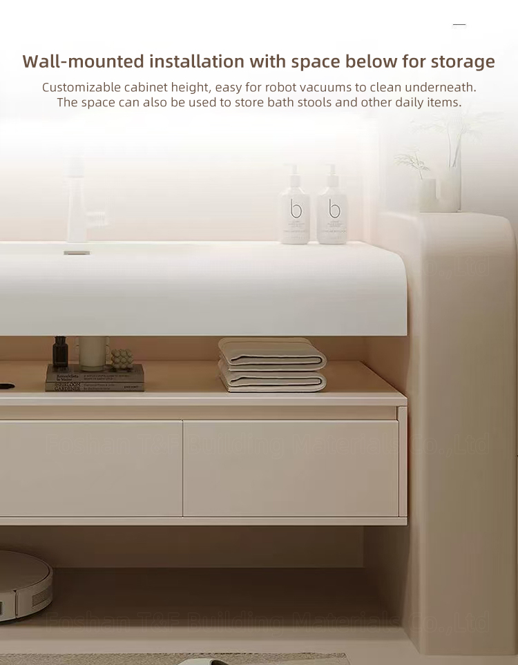 New Creamy Style Skin-feel Artificial Stone Integrated Wash Basin Cabinet Wall Floating Bathroom Vanity Set With Smart Mirror