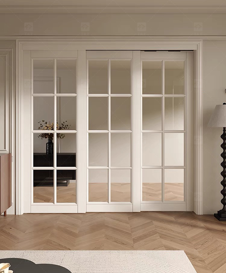 Hot Sale Classic Sliding Bedroom Door Simple Fashionable Design with Waterproof Solid Wood Clear Glass French Interior Style