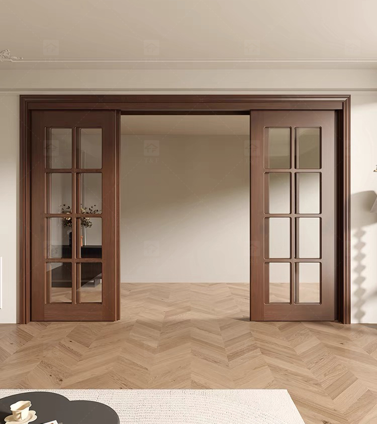 Hot Sale Classic Sliding Bedroom Door Simple Fashionable Design with Waterproof Solid Wood Clear Glass French Interior Style