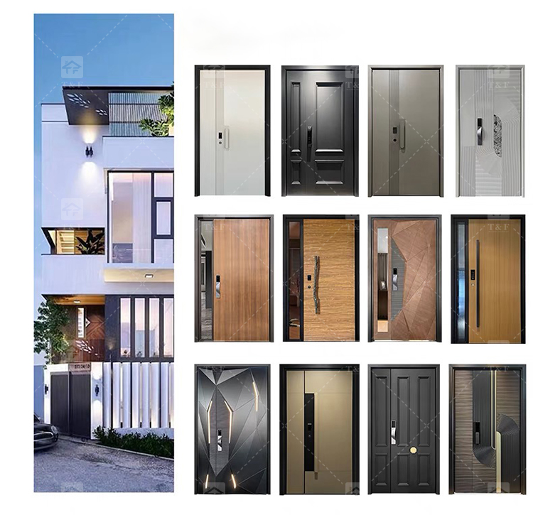 Modern French Style Metal Entry Security Front Door Waterproof Anti-Theft for Exterior Houses and Apartments