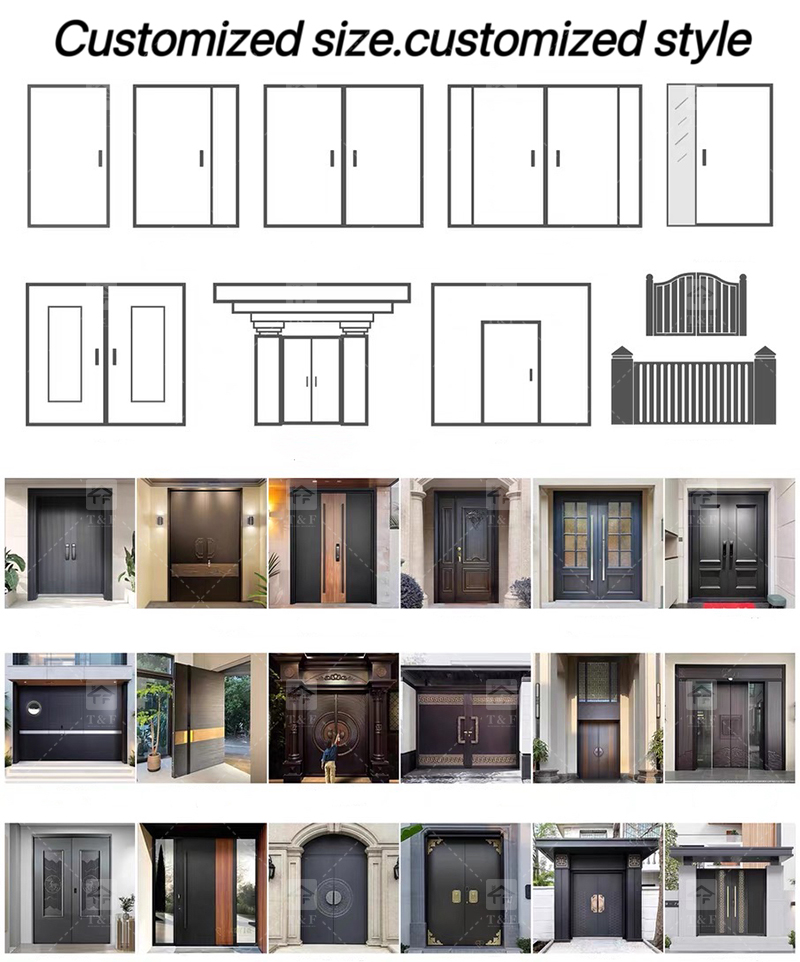Modern Anti-Theft Double Layer Tempered Glass Front Main Entry Doors French Style Aluminum Alloy & Wood Black for Villas