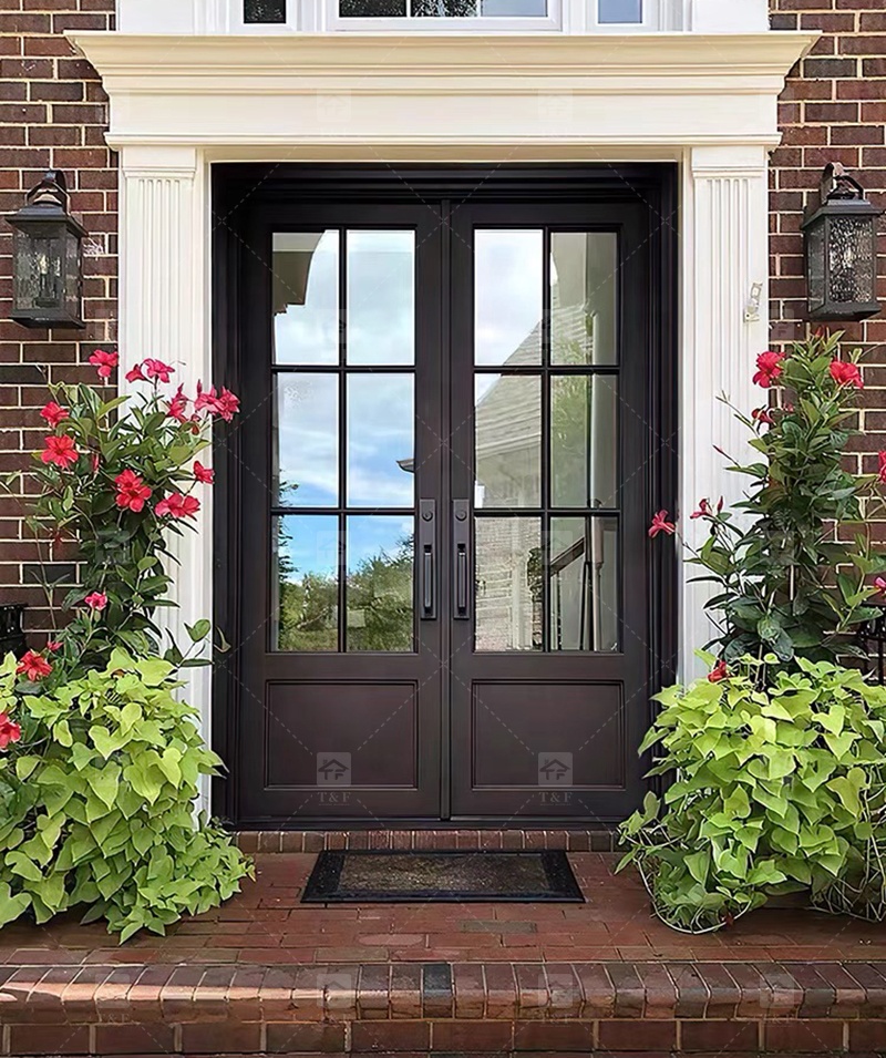 Modern Anti-Theft Double Layer Tempered Glass Front Main Entry Doors French Style Aluminum Alloy & Wood Black for Villas