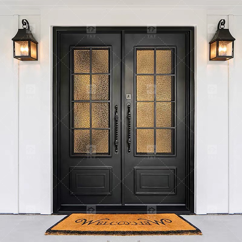 Modern Anti-Theft Double Layer Tempered Glass Front Main Entry Doors French Style Aluminum Alloy & Wood Black for Villas