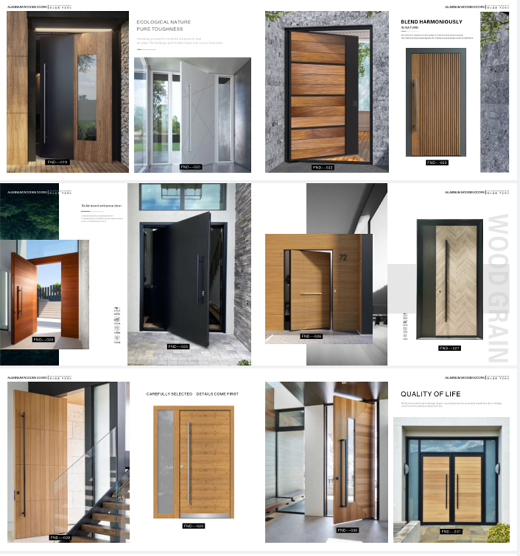 Modern Anti-Theft Double Layer Tempered Glass Front Main Entry Doors French Style Aluminum Alloy & Wood Black for Villas