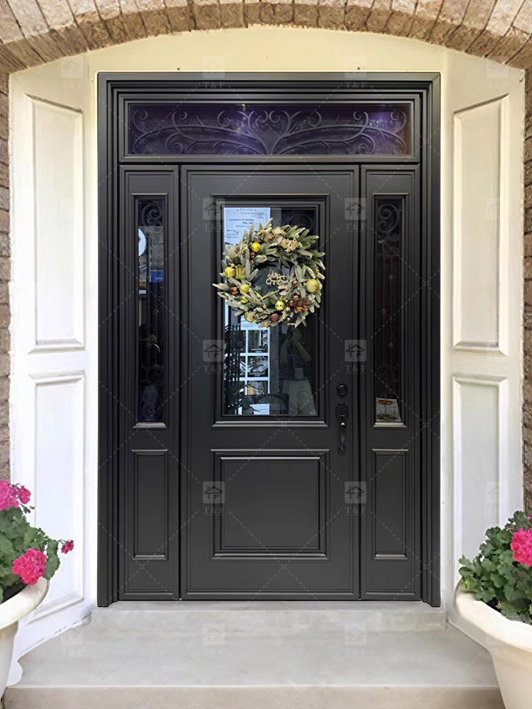 Hot Sale French Aluminum Wrought Iron Door Security Iron Exterior Front Entry Anti-theft Chinese Apartments Villas Outdoor