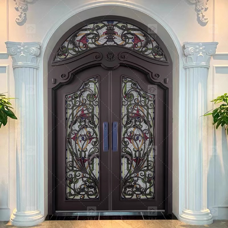 Hot Sale French Aluminum Wrought Iron Door Security Iron Exterior Front Entry Anti-theft Chinese Apartments Villas Outdoor