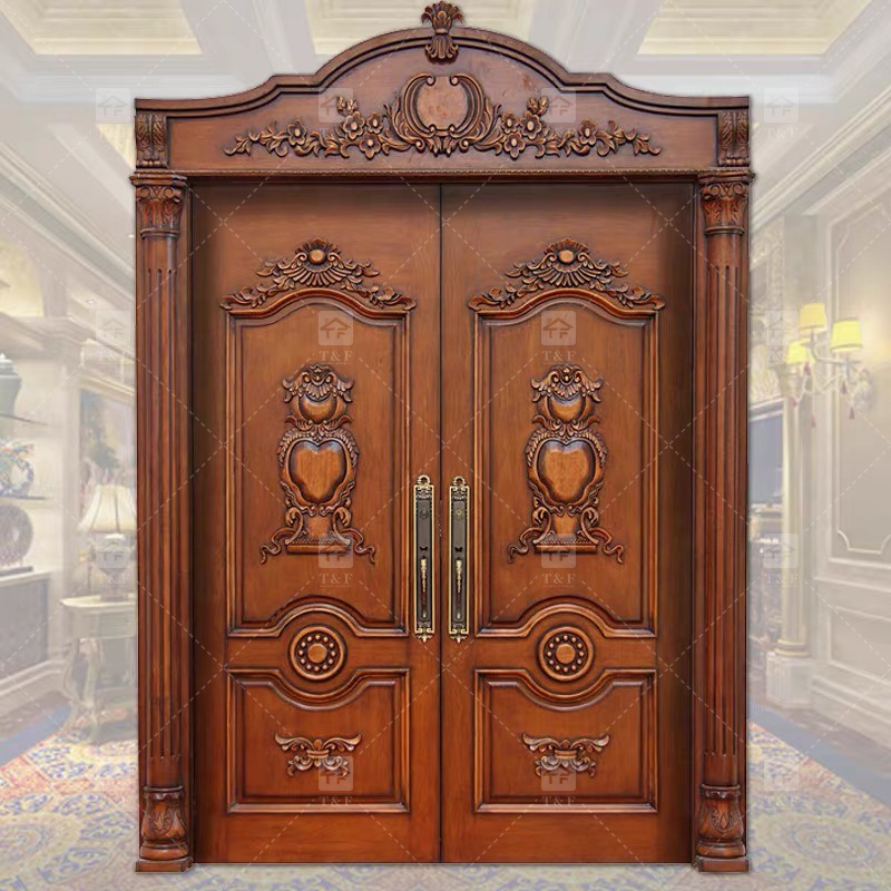 Modern Double Entry Wood Doors Solid Wood Carving Main Door with Waterproof Feature Finished Exterior Application