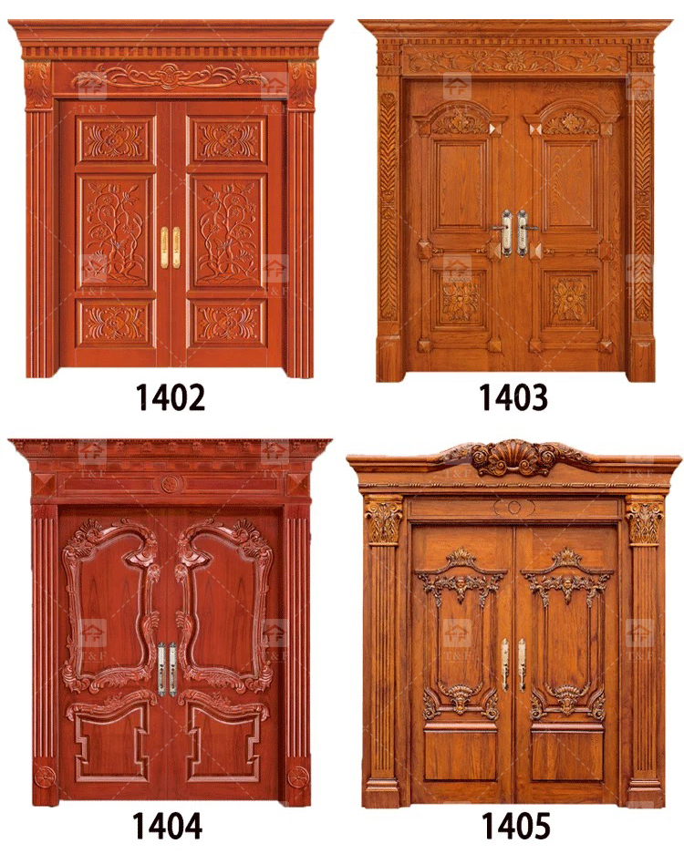 Modern Double Entry Wood Doors Solid Wood Carving Main Door with Waterproof Feature Finished Exterior Application