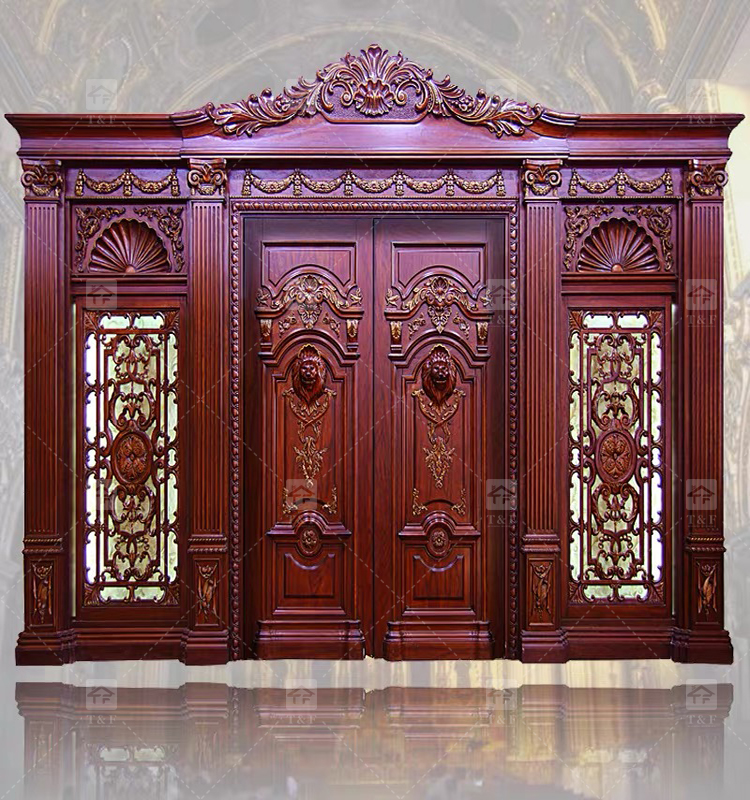 Modern Double Entry Wood Doors Solid Wood Carving Main Door with Waterproof Feature Finished Exterior Application